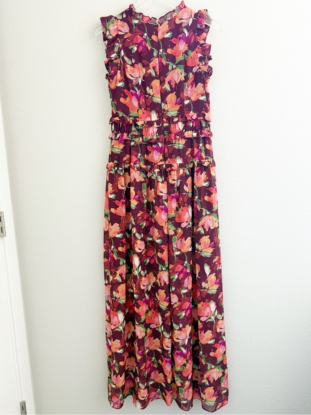 Vince Camuto Burgundy Floral Ruffled Chiffon Maxi Dress - Picture 3 of 7